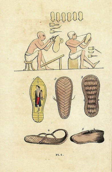 Cobblers making sandals in ancient Egypt, with examples of curved-toe sandal 1, palm-leaf sandals 2, 3, , 4 and leather close-laced shoe 5. Handcoloured copperplate engraving from J