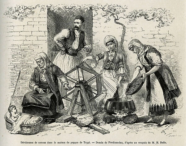 Cocoons in the house of the pappas of Trypi, drawing by Ferdinandus, to illustrate the story of a trip to Greece, in 1861, 1868 and 1874, by Henri Belle. Engraving in Le tour du monde, 1878, directed by Edouard Charton, Paris. Selva Collection