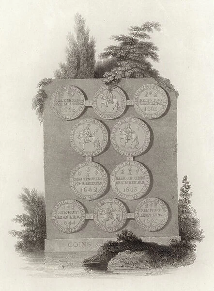 Coins of King Charles I during the English Civil War (engraving)