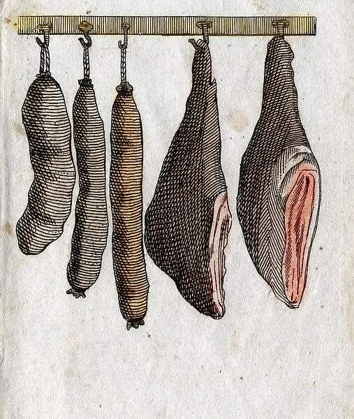 Cold cuts: Cold meat hooks with ham meat and suspended sausage