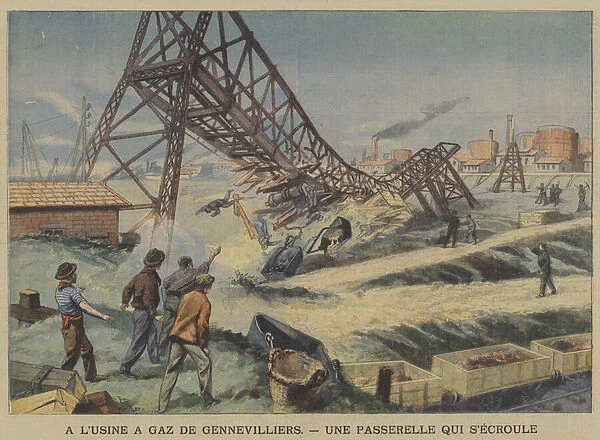 Collapse of a bridge at the Gennevilliers gasworks, France (colour litho)