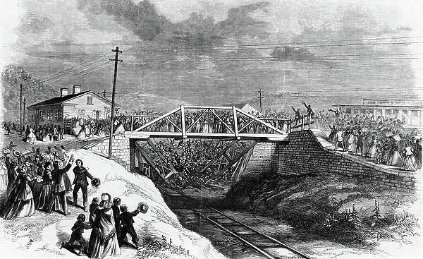 Collapse of a railroad bridge during Presidential visit, 1866