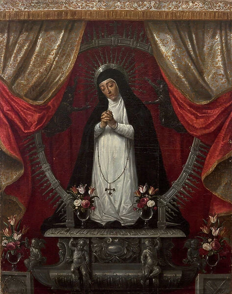 Collegiate church. Interior. Painting (Virgen de la Paloma). The virgin on an altar, a halo. Oil on canvas. 18th century