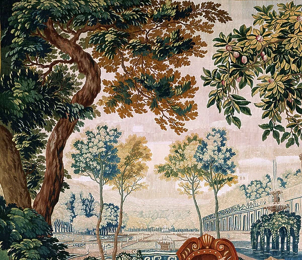 Collegiate church ('Parochiekerk Sint-Walburga'). Interior. Tapestry. Verdure from Oudenaarde. Scene with lovers in a garden. End 17th-begin 18th century