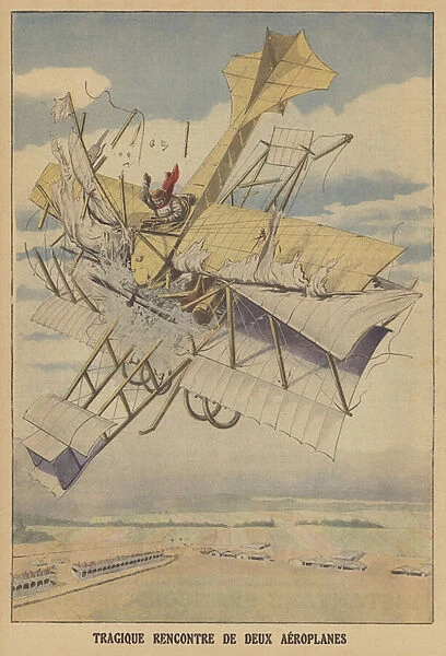 Collision between two aeroplanes at the Vienna air meeting (colour litho)