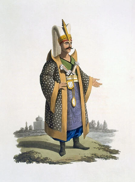 Colonel of the Janissaries with jewels and daggers, 1818 (coloured aquatint)