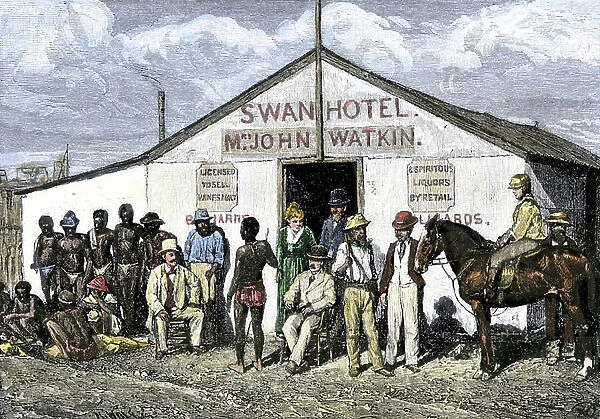 Colonial Africa: Hotel Swan in the diamond mine of the South Africa region, years 1870. Colourful engraving of the 19th century