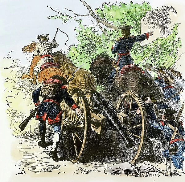 Colonial artillery passing behind the Appalachian Mountains, French and Indian War (seven years war, 1756-1763). Colour engraving of the 19th century