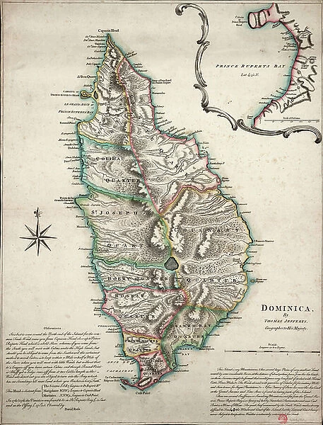 Colour map of Dominica with detailed geographical observations, c.1760 (hand coloured engraving)