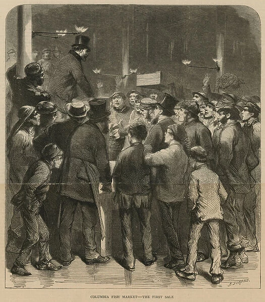 Columbia Fish Market - the first sale (engraving)