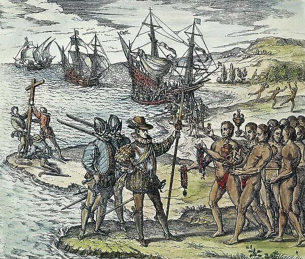 Columbus Landing in the Indies. 1594 (xylography)