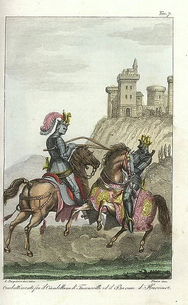 Combat between the Chamberlain of Tancarville and Sire of Harcourt. The duel was halted by the King of France. Handcoloured copperplate engraving by Verico after Alessandro Sanquirico from Giulio Ferrario's Ancient