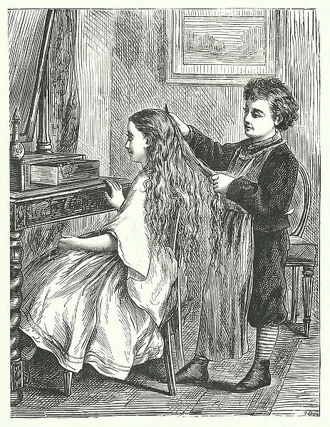 Combing sister's hair (engraving)
