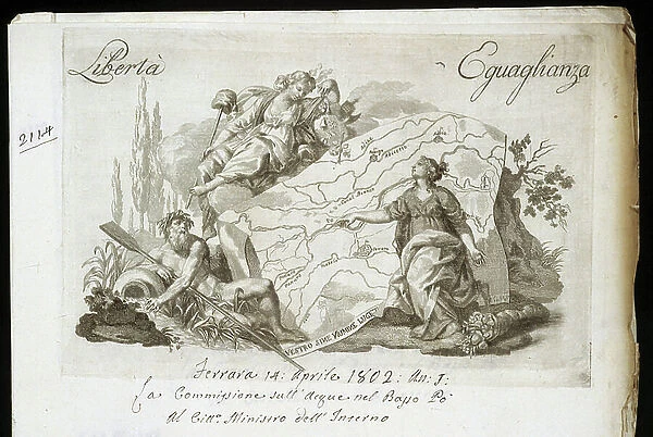 Commission on the waters of the lower Po (lower part of the river): allegories of the river of freedom and equality. Official document of 1802. National Archive of Milan