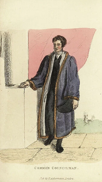 Common Councilman of the Council of London. In purple robe lined with fur and holding a bicorn. Handcoloured copperplate engraving from William Henry Pyne's The World in Miniature: England, Scotland and Ireland, Ackermann, 1827