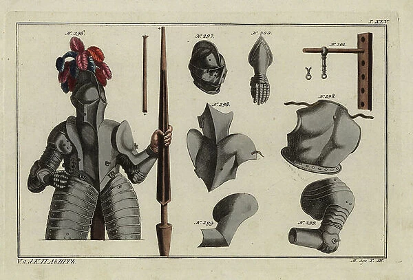 Complete suit of armour with helm and lance 296, helm 297, breatplate 298, shoulder armour 299, armoured glove 300 and pole and ring for the ring joust 301. Taken from Antoine de Pluvinel's L'Instruction du Roy en l'exercise de riding a horse, 1668