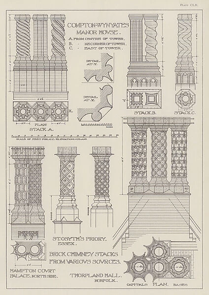 Compton-Wynyates Manor House; Brick Chimney Stacks from Various Sources (litho)
