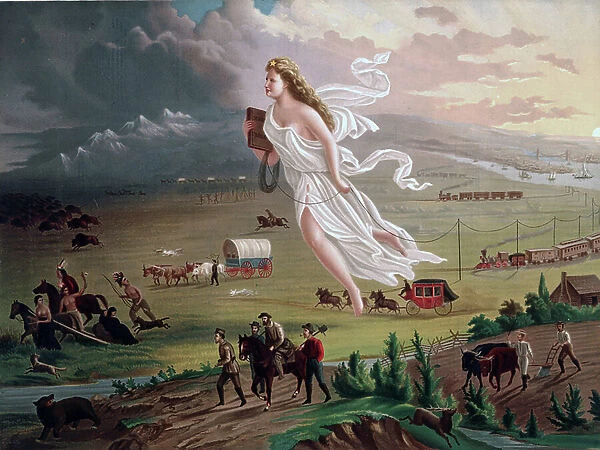 Concept of Manifest Destiny: Allegorical female figure carrying electric telegraph wire, leads American pioneers and railroads westwards, Native American Indians and buffalo and bear retreating before them. Chromolithograph c1873