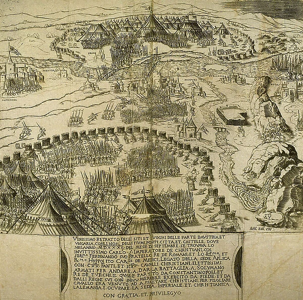 Confrontation between the troops of the emperor Charles I and his allieds against the troops of Soliman the magneficent, sultan of Turkey in 1531