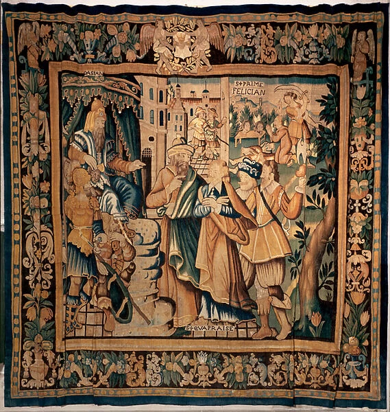 Conques museum treasury (Le Tresor de Conques). Flemish tapestry. History of Sainte Foy (?). Texts: DASIAN, S+PRIME, S+eVAPRAISE. 16th century (?)