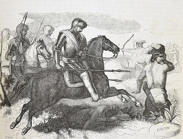 Conquest of Mexico (1519-1521). Pedro de Moron fighting in the battle remains prisoner. (engraving)