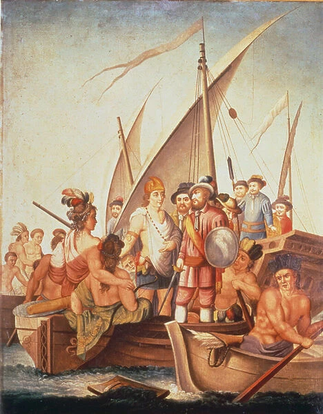 Conquest of Mexico: Garcia de Holguin Captures Guatimozin (oil on board)