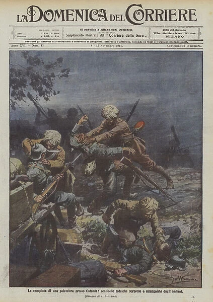 The conquest of a polyeriera at Osfenda, German sentinels surprised and strangled by Indians (colour litho)