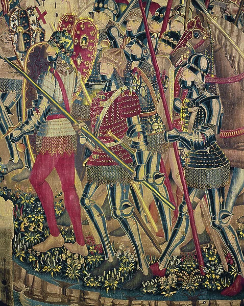 Conquete de Tanger (Maroc), par le roi Alfonso V du Portugal, dit l'africain (1432-1481): le debarquement des soldats portugais en 1478. Detail de la tapisserie de Pastrana, fin 15e siecle. Cathedrale de Pastrana, Espagne
