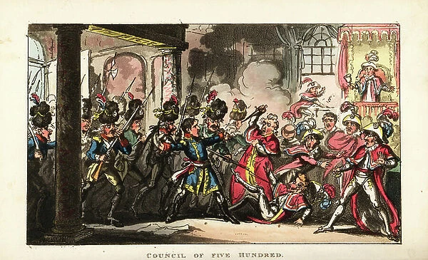 Conseil des Cinq-Cents - Napoleon Bonaparte leading the grenadiers into the Council of Five Hundred in the coup of 18 Brumaire. Handcoloured copperplate engraving by George Cruikshank from The Life of Napoleon a Hudibrastic Poem by Doctor Syntax, T