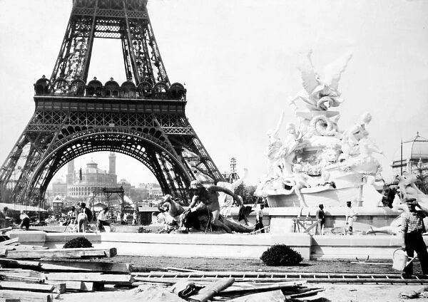 Constructing the Fountain St. Vidal near the Eiffel Tower, Paris Exhibition