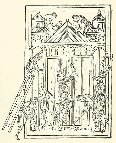 Construction of a church (engraving)