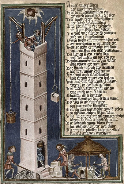 Construction of the Tower of Babel, copy of a 15th century manuscript (colour litho)