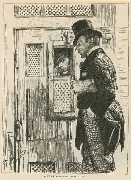 A consultation with his solicitor (engraving)
