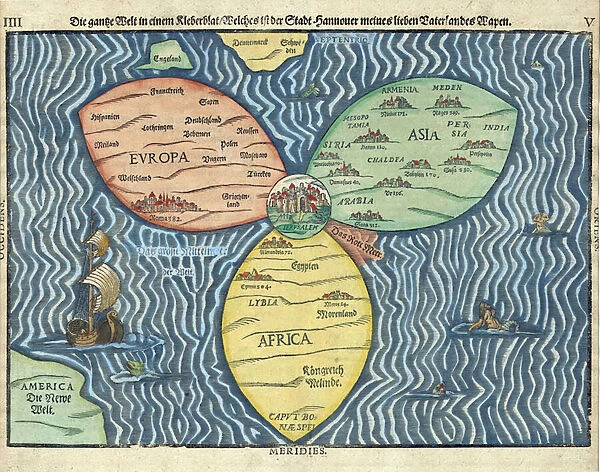 The three continents with Jerusalem in the center of the World par Heinrich Buntig (Buentig)(1545-1606), 1581 - Woodcut, watercolour - Private Collection
