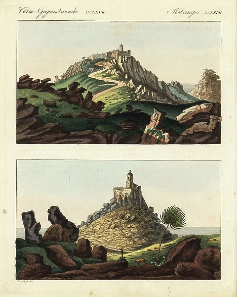 Convent of the Friars Minor Capuchin, in the Sintra mountains near Lisbon, Portugal, and the Abbey of Mount Cornillon, near Liege, Belgium. Handcoloured copperplate engraving by Theodore Goetz from Friedrich Johann Bertuch's Bilderbuch fur Kinder