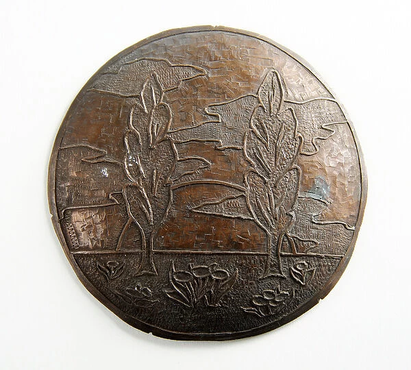 Convex plaque with trees, clouds and flowers (metal)