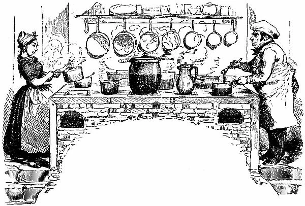 Cook and cook facing kitchen stoves - engraving by Bertall 19th century