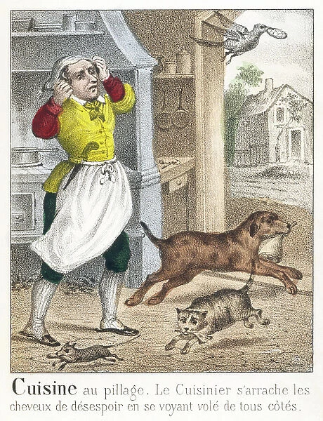 Cooking for looting. The cook tears his hair out of despair when he sees himself flying from all sides, by a dog, a cat, a bird and a rat, c.1830 (engraving)