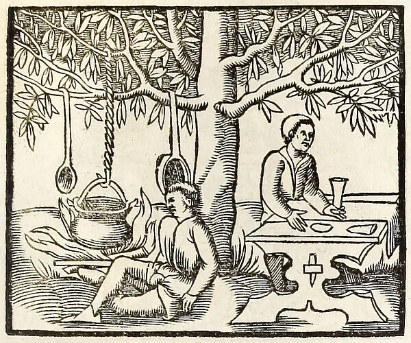 Cooking pot and waiting diner from 1550 edition of Cosmographia