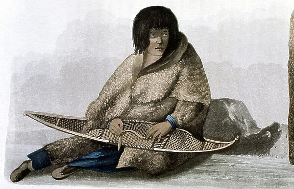 Copper Indian girl mending snow shoe