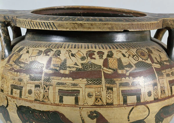 Detail of a Corinthian krater with a banquet scene, c. 590-575 BC (pottery)