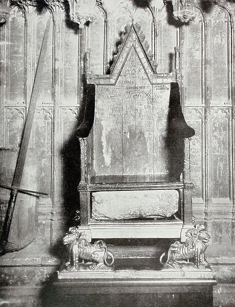 The Coronation chair in which all sovereigns of England have been crowned since the days of Edward I, showing, beneath the seat, the famous Stone of Scone. From The Illustrated London News published 1910