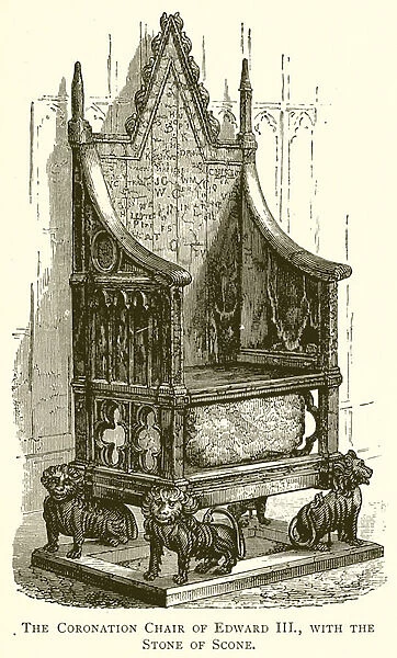 The Coronation Chair of Edward III. with the Stone of Scone (engraving)