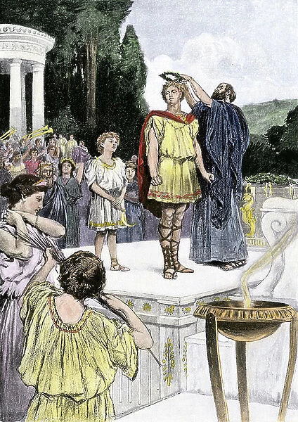Coronation of Olympic Games champion in Ancient Greece, 19th century (engraving)