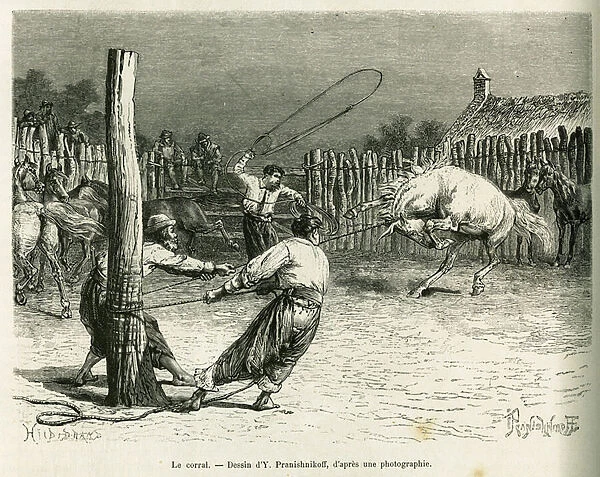 The corral. Engraving by Y. Pranishnikoff, to illustrate the story Voyage a la Plata, in 1886, by Emile Daireaux, in le tour du monde 1888, directed by Edouard Charton (1807-1890), Hachette, Paris