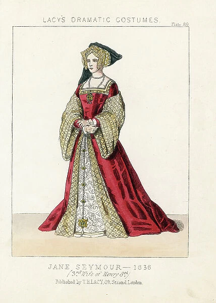Costume of Jane (Jeanne) Seymour (circa 1508-1537), third wife of Henry VIII of England, 1536. Costume after a portrait by Hans Holbein. Handcoloured lithograph from Thomas Hailes Lacy's ' Female Costumes Historical