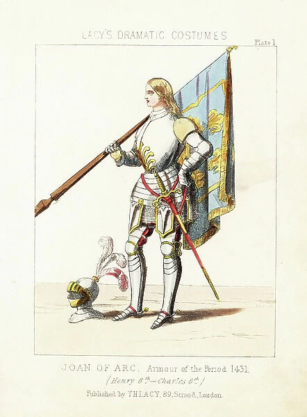 Costume of Joan of Arc, suit of armour of the period, with helmet and standard, 1431. Handcoloured lithograph from Thomas Hailes Lacy's ' Female Costumes Historical, National and Dramatic in 200 Plates, ' London, 1865