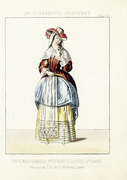 Costume of a lady, reign of King Charles II, England, 1680. She wears a hat over veil, lace collar, velvet robe with skirts tied up to reveal lace apron and petticoats