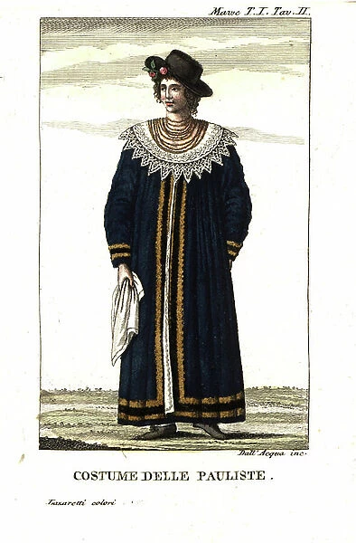 Costume of a Paulista, woman of St. Paul's (Sao Paulo) in long wool coat edged with velvet and gold lace. Copied from John Mawe's (1764-1829) Travels in the Interior of Brazil, 1812