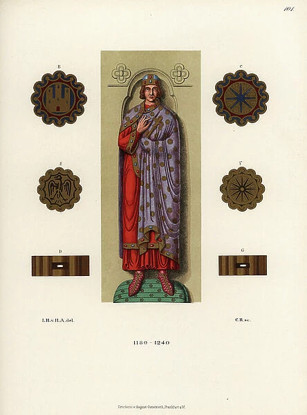 Costume of a prince, 12th century, and sword hilts, etc, 1889 (chromolithograph)